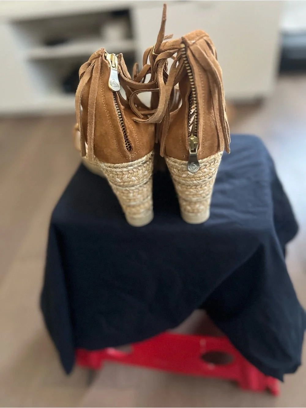 kanna Tan Suede Fringe Espadrille Wedge Sandals